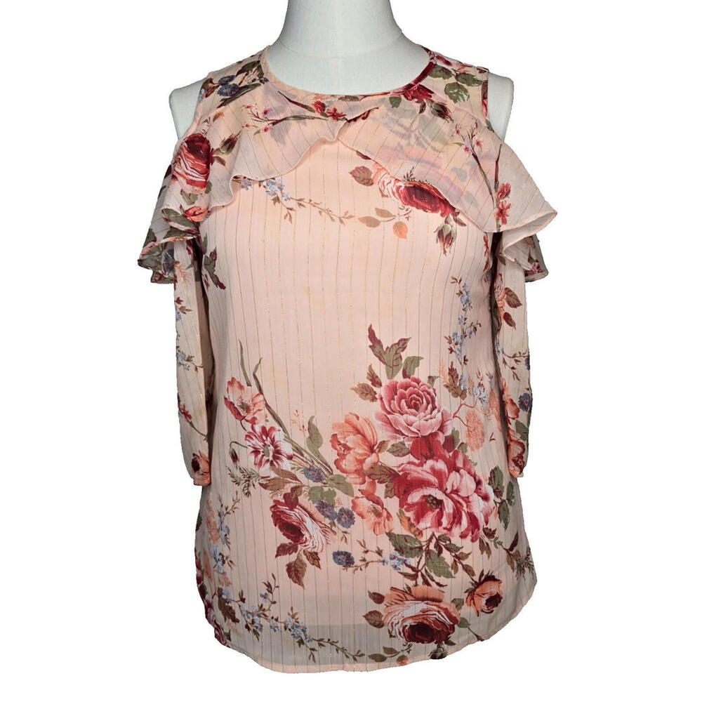ROZ & ALI PEACHY FLORAL‎ PEEK A BOO 3/4 SLEEVES FLOWY LINED BLOUSE SZ: XSM EUC